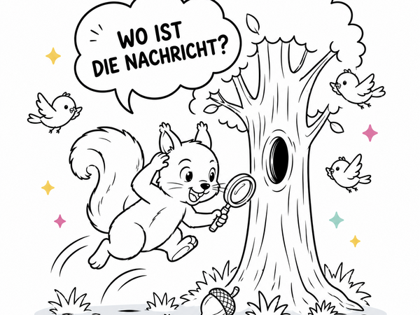Ein gemaltes Eichhörnchen springt vor einem Baum mit Lupe in der Hand und sagt: wo ist die Nachricht? 