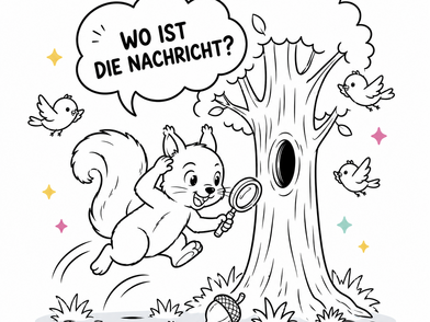 Ein gemaltes Eichhörnchen springt vor einem Baum mit Lupe in der Hand und sagt: wo ist die Nachricht?