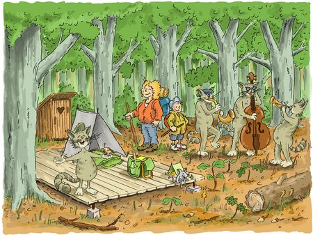 Teutus im Wald auf einer Trekkingplattform mit anderen Menschen zusammen