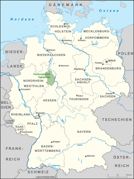 Karte von Deutschland mit farbiger Markierung des Naturparks Teutoburger Wald/Eggegebirge