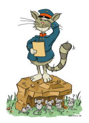 Die gezeichneter Wildkatze "Teutos" steht als Postbote verkleidet suchend auf einem Stein, unter welchem sich Mäuse amüsiert verstecken.